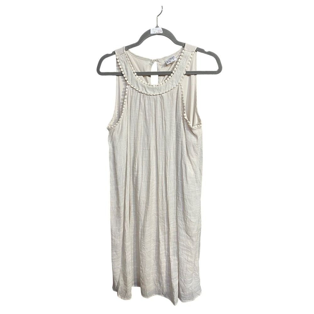Naif Beige Crinkle Pom Pom Trim Sleeveless Shift Dress Womens Large Boho Lined